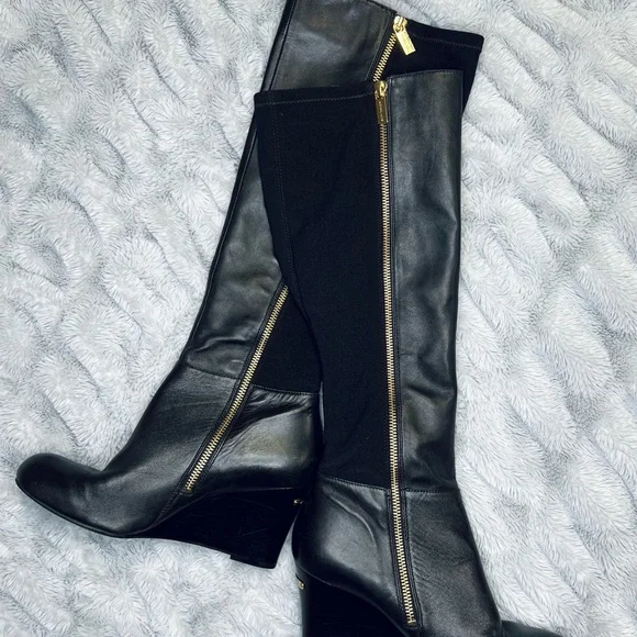 Michael Kors Genuine Leather & Stretch Black Knee Tall Wedge Zip Boots Sz 7.5 - Picture 3 of 12
